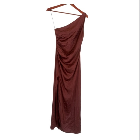 Brown One Shoulder Ruched Gown with Slit - Picture 3 of 9